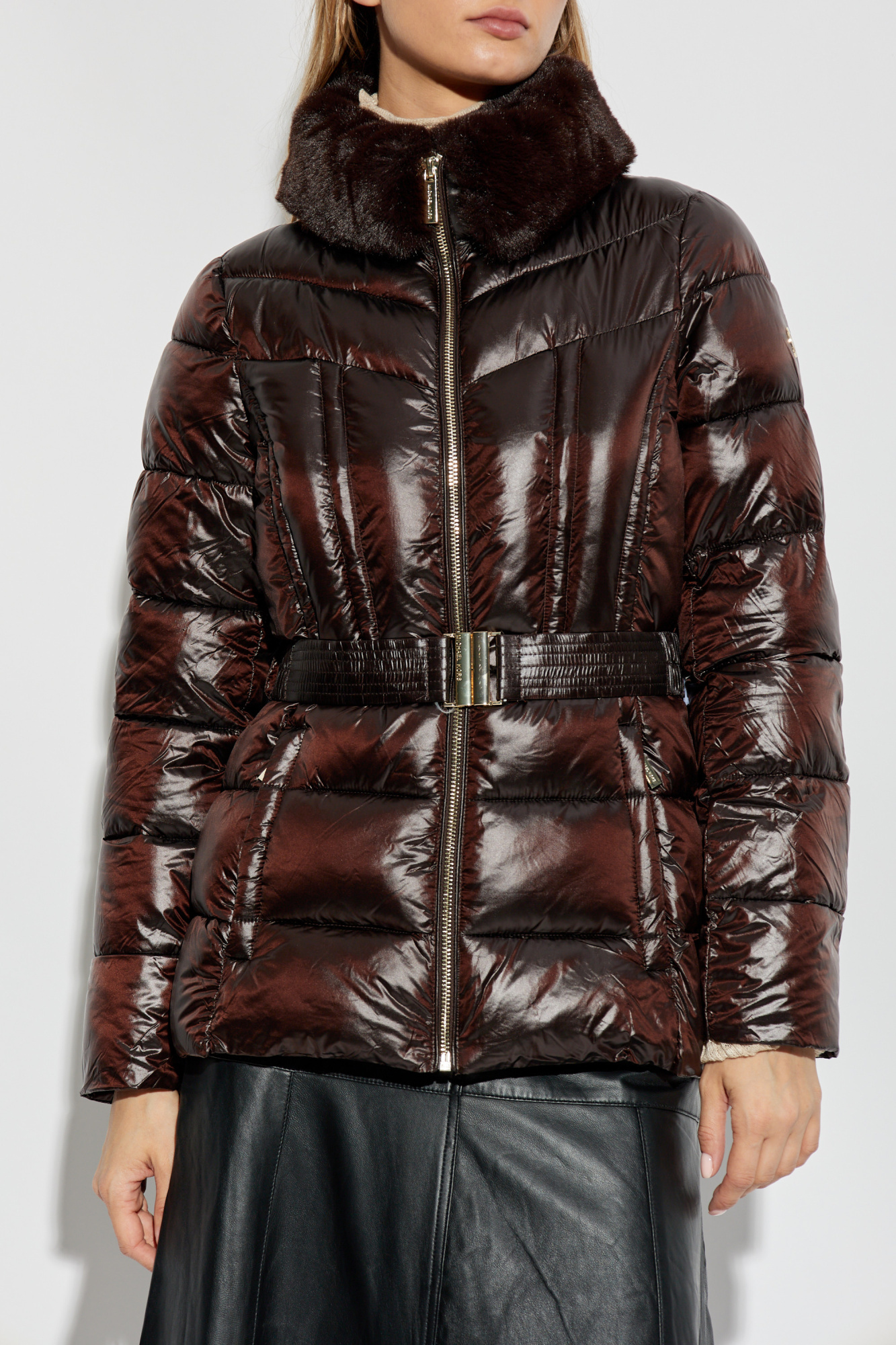 New Look Brown Faux Leather Jacket With Belt, Grey Hood and Bronze purchases Details